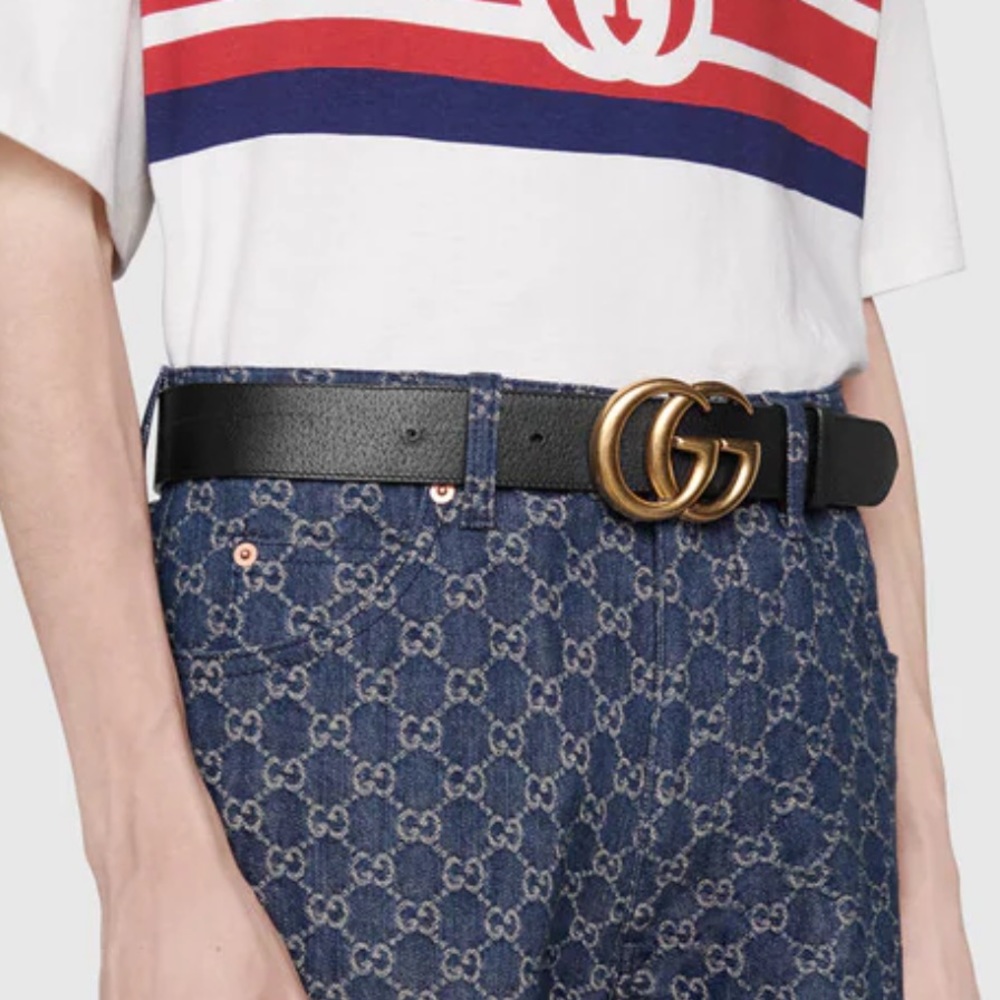 Wide leather belt with double G buckle